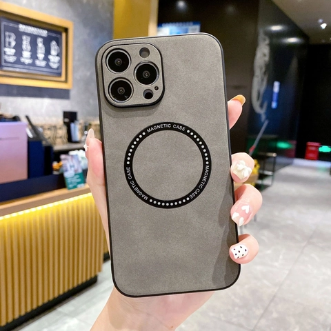 Magnetic Wireless Charging Leather Texture Phone Case Embossed PC Back Cover For iPhone 11 12 13 14 15 16 Pro Max Plus Shockproof Protective Case