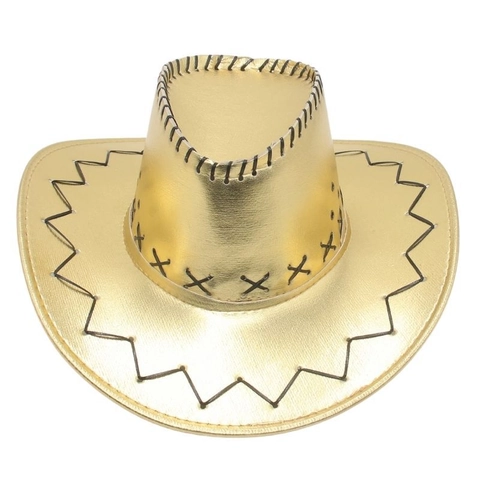 Metallic PU Leather Cowboy Hat Wide Brim Western Style For Party Stage Performance With Cross Stitching And Wind Rope
