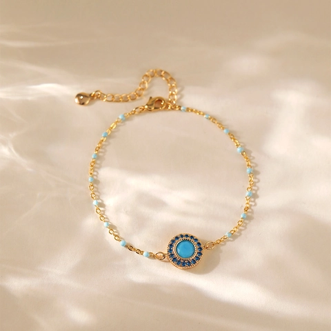 Pulsera Bohemia de Cobre Chapado en Oro para Mujer Colgante de Turquesa Redondo Diamante de Imitación Azul Pulsera Ojo Turco