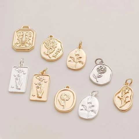 Pendentifs En Métal Gaufré Floral Plaqué Or 14K Breloques Vintage Rose Abeille Pour DIY Collier Bracelet Bijoux