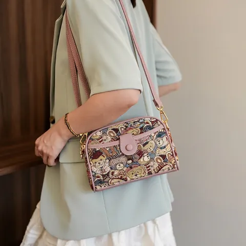 Borsa A Tracolla Retrò Con Orsetto In Jacquard Da Donna Borsa A Spalla In Tessuto Kawaii Con Tracolla Regolabile Finiture In Ecopelle