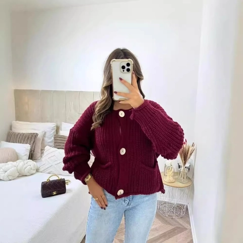 Damen Grobstrick Cardigan Pullover V-Ausschnitt Goldknöpfe Langarm Taschen Locker Lässige Strickwaren Retro Oberteil