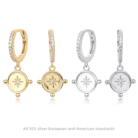 Octagonal Star North Star Compass Pendant Dangle Hoop Earrings 925 Sterling Silver Cubic Zirconia Minimalist Elegant Jewelry