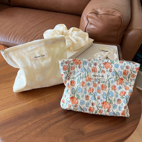 Trousse De Maquillage En Coton Texturé À Fleurs Pochette De Rangement Portable À Fermeture Éclair