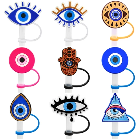 Evil Eye Straw Cover Silicone Dust-proof Reusable Straw Topper For Tumbler Cups Hamsa Hand Design Lucky Eye Protector