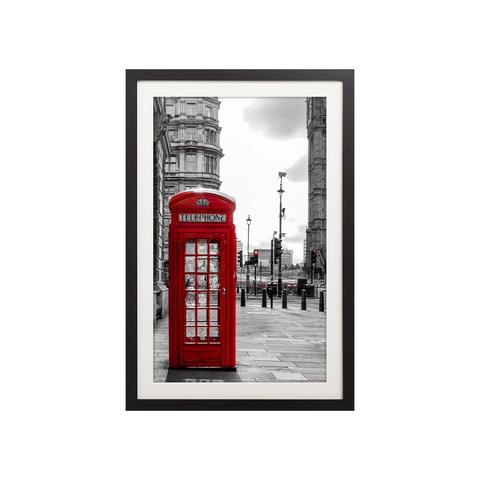 Framed Wall Art London Street Red Telephone Booth Black White Photography Minimalist Home Office Decor Wooden Frame