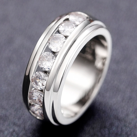 Anillo De Boda Para Hombre De Cobre Con Circón Engaste De Canal Hip Hop Minimalista De Lujo Color Plata Joyería De Moda