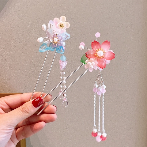 Vintage Chinese Style Hair Stick Wood Alloy Resin Flower Tassel Hairpin For Women Hanfu Qipao Hair Accessories Elegant