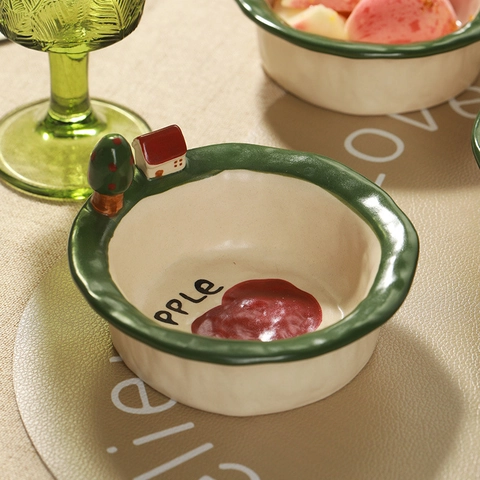 Ceramic Bowl Plate Spoon With 3D Miniature House Tree Decor Cute Hand-Pinched Cartoon Forest Cabin Style Yogurt Dessert