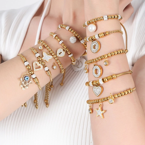 Bracciale a Perline in Acciaio Inossidabile Con Ciondoli Mano Di Fatima Malocchio Cuore Farfalla Oro Regolabile Gioielli Donna Regalo
