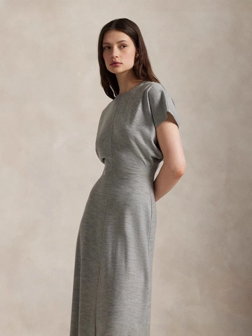 Elegant Knit Midi Dress Women Round Neck Short Sleeve Ruched Waist Slim Fit Vintage Retro Commuter Style Solid Grey