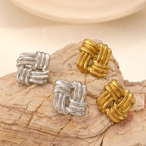 Geometric Square Knotted Textured Stainless Steel Stud Earrings For Women Plated Fashion Retro Style Accessory