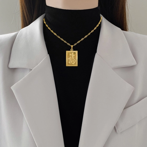Titanium Stahl Anhänger Halskette Doppelseitig Chinesisches Fu Zeichen Drachen Relief Rechteck Minimalistisch Vintage Damen Herren