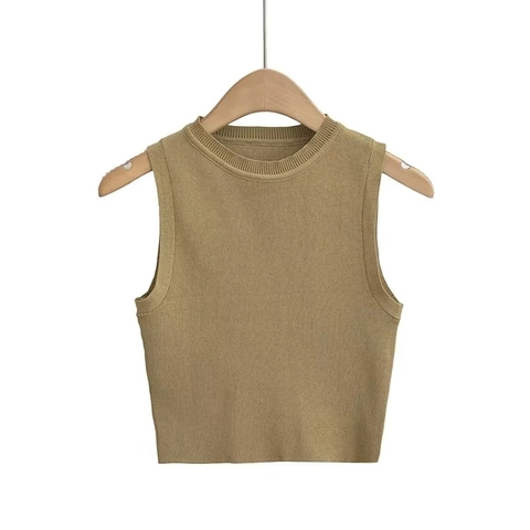 Women Knit Tank Top Sleeveless Round Neck Ribbed Striped Solid Color Crop Top Summer Y2K Style Stretch Slim Fit Vest