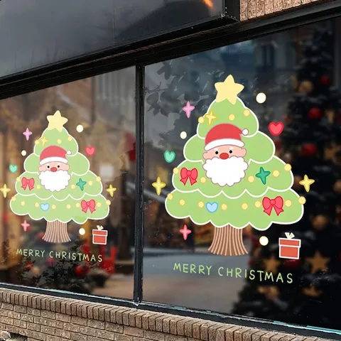 Christmas Window Stickers Static Cling PVC Santa Claus Christmas Tree Double Sided Festive Glass Door Decals Shop Home Decoration