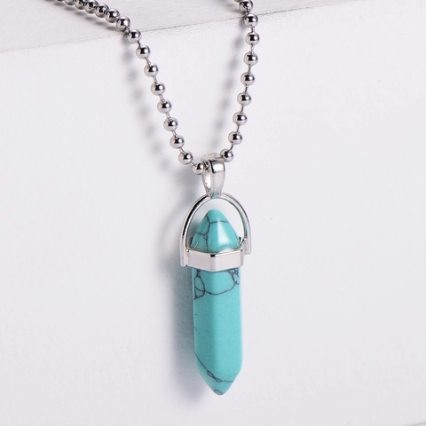 Hexagonal Pillar Pendant Necklace Natural Stone Amethyst Turquoise Stainless Steel Bead Chain Crystal Jewelry Women