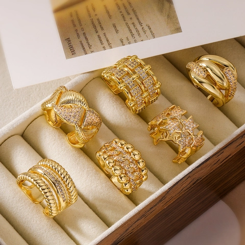 Anillo Ajustable Mujeres Cobre Chapado En Oro 18K Circonita Geométrico Estrella Minimalista Joyería