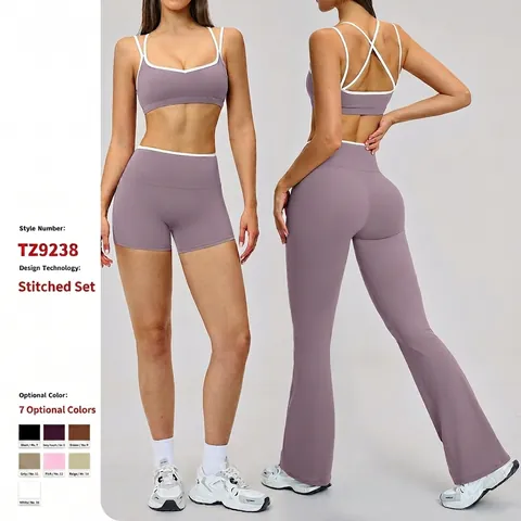 Women Yoga Set Polyamide Spandex High Waist Contrast Binding Activewear Cross Back Bra Flare Pants Leggings Shorts Workout Fitness Nude Feel