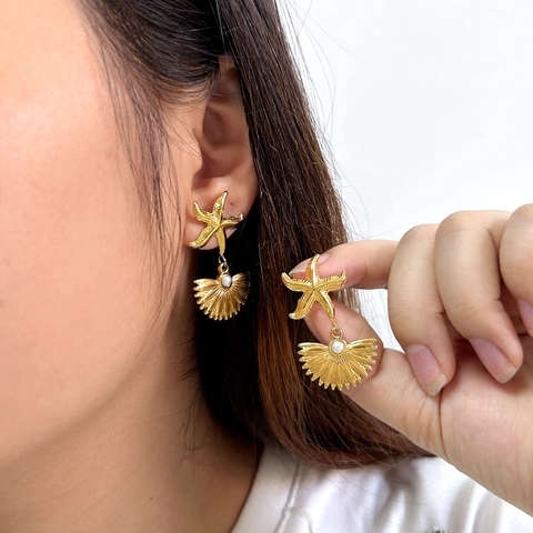 Edelstahl Seestern Muschel Ohrringe Mit Künstlicher Perle Gold Ton Nautische Ohrstecker Für Damen Strand Schmuck Zubehör