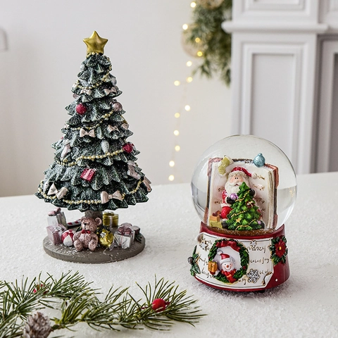 Weihnachtsdekoration Aus Harz LED Leuchtende Musikalische Schneekugel Miniatur Haus Baum Festliche Tischdekoration