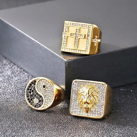 Anello da Uomo Hip Hop con Testa di Leone Placcato Oro in Acciaio Inossidabile Sigillo Punk Croce Tai Chi Strass Intarsiati