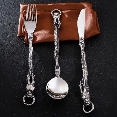 Retro Dragon Embossed Handle Cutlery 316L Stainless Steel Knife Fork And Spoon Punk Gothic Novelty Dinnerware Tableware