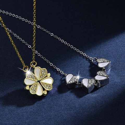 Collana Quadrifoglio Acciaio Al Titanio Magnetico Pieghevole Forma Di Cuore Madreperla Zirconi Elegante Catena Di Clavicola Donne