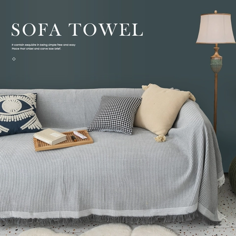 Waffle Weave Sofa Cover Cotton Knit Throw Blanket With Tassels Nordic Style Furniture Protector Slipcover Double Sided