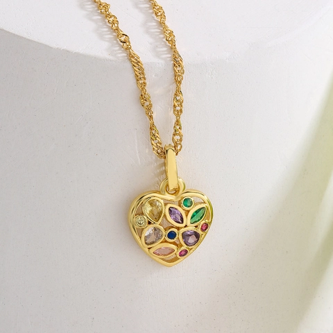 Collana Pendente Cuore Luna Rame Placcato Oro Zirconia Cubica Colorata Elegante Geometrico Retrò Gioielli Per Donne