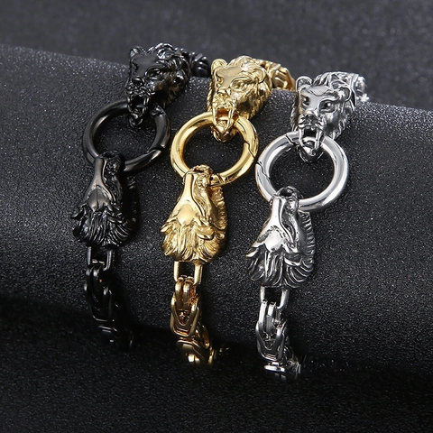 Bracciale Uomo Catena Bizantina Acciaio Titanio Retro Punk Leone Drago Serpente Teschio Gioielli Hip Hop