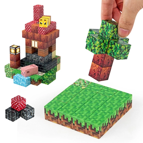 Blocchi Costruzione Magnetici DIY Mondo Pixel Tema Fattoria Cubi Gioco Educativo Regalo Bambini