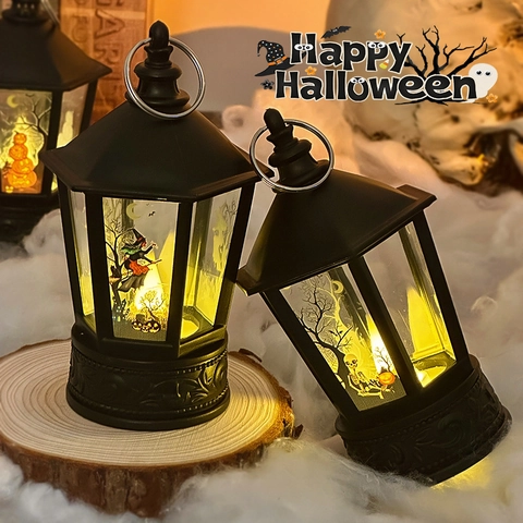 Halloween Linterna LED Decorativa Retro Pagoda Luz De Noche Colgante Brillo Amarillo Cálido Plástico Bruja Calabaza Esqueleto Fiesta