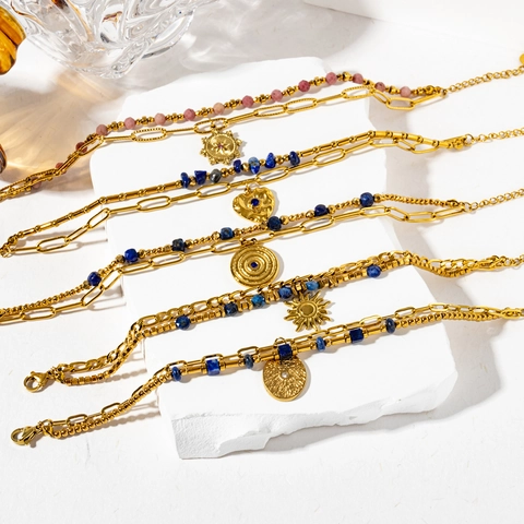 Bohemian Stainless Steel Double Layered Bracelet With Natural Stone Lapis Lazuli Sun Heart Star Pendant For Women Retro Gold Jewelry