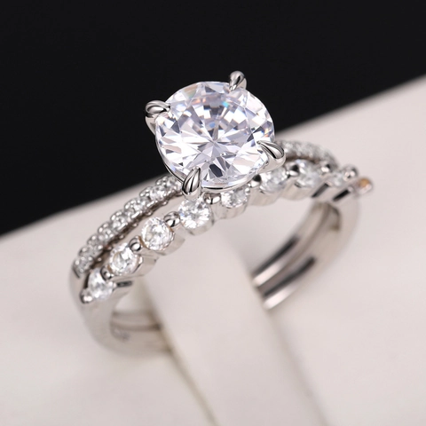 Luxury Round Cubic Zirconia Solitaire Ring And Matching Half Eternity Band Copper White Gold Plated Engagement Wedding Jewelry