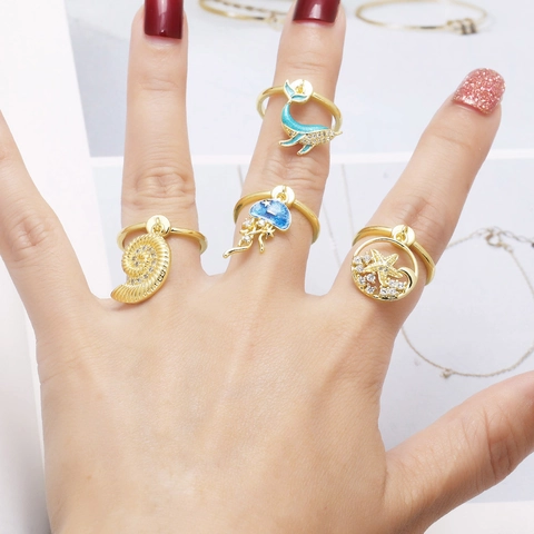 Adjustable Copper Rings Ocean Theme Whale Starfish Jellyfish Charms Gold Plated Zircon Enamel Dangle Jewelry Women