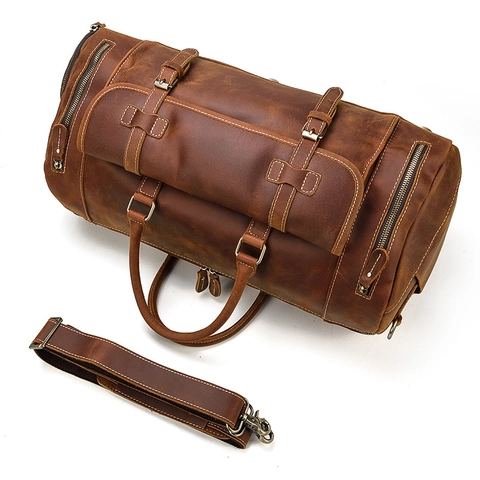 Vintage Genuine Leather Duffel Bag Large Capacity With Shoe Compartment Retro Travel Weekend Bag For Men Business Trip
