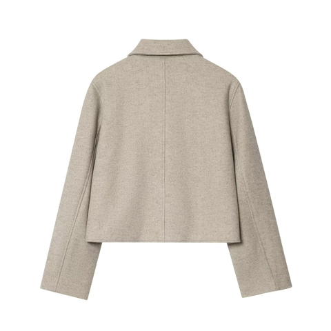 Women's Cropped Woolen Jacket Solid Color Lapel Long Sleeve Single Breasted Coat With Pockets Casual Streetwear Outerwear