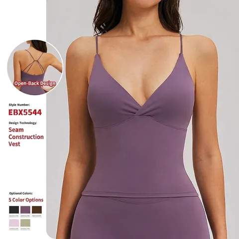 Damen Yoga Sport Tank Top Nylon Spandex Gebürsteter Stoff V-Ausschnitt Dünne Träger Kreuzrücken Herausnehmbare Polster