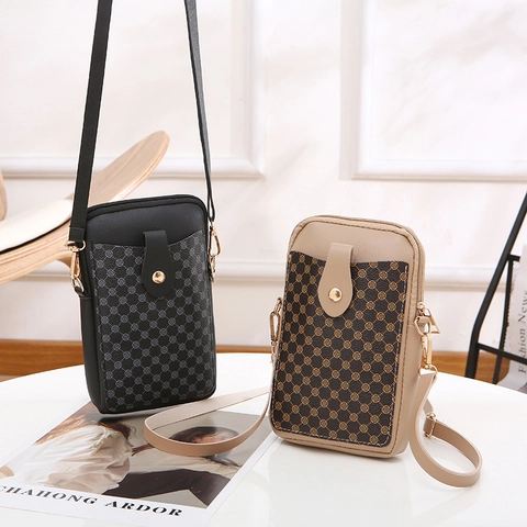 Mini Borsa A Tracolla Per Cellulare Donna Pelle PU Verticale Quadrata Retro Motivo A Pois Fibbia In Metallo Regolabile