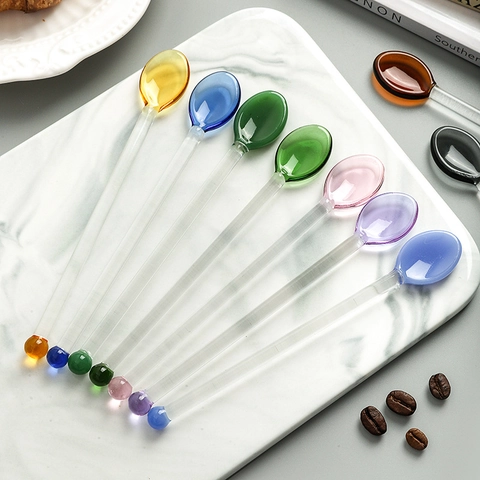 Cucchiaio Per Mescolare In Vetro Creativo Manico Lungo Resistente Al Calore Testa Rotonda Colorata Per Caffè Dessert Bevande