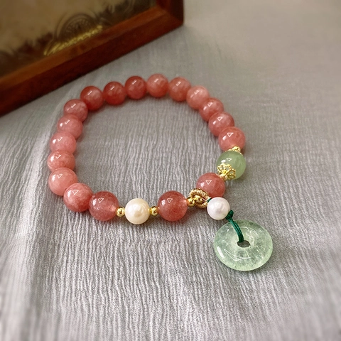 Handmade Strawberry Crystal Beaded Bracelet With Artificial Pearl And Jade Pendant Elegant Chinese Style Elastic Jewelry For Women