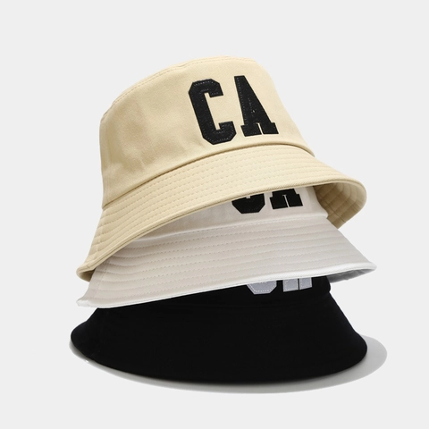 Cotton Bucket Hat With CA Letter Embroidery Flat Top Wide Brim Sun Protection Breathable Outdoor Casual Street Style Hat