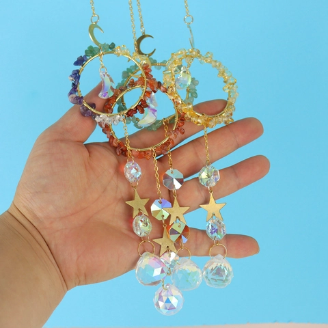 Suncatcher Crystal Moon Star Hanging Ornament Handmade Natural Stone Agate Rainbow Prism Home Decor