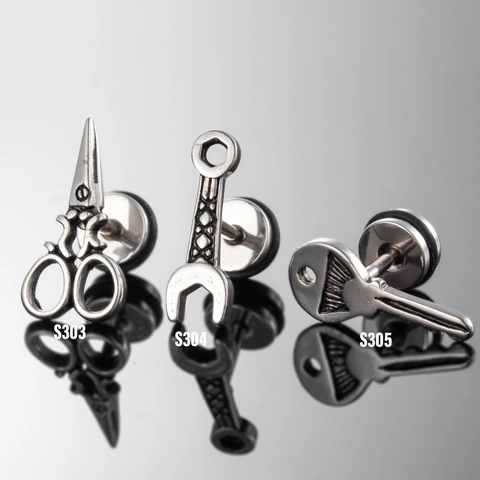 Stainless Steel Stud Earrings Scissors Wrench Key Shaped Punk Industrial Style Cool Piercing Jewelry For Men Women