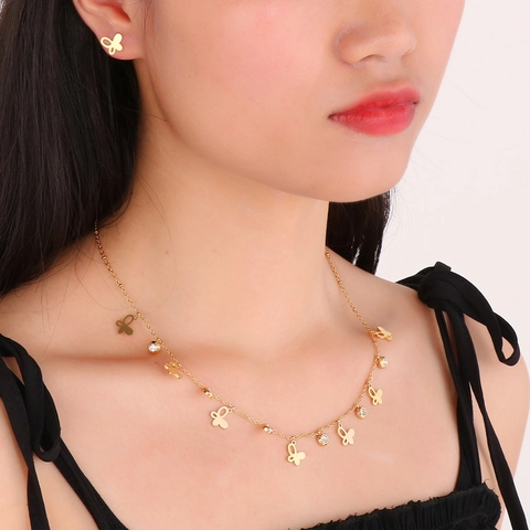 Stainless Steel Jewelry Set For Women Gold Plated Double Layer Necklace And Earrings Cross Heart Evil Eye Butterfly Design