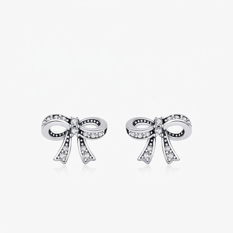 Bowknot Stud Earrings 925 Sterling Silver With Sparkling Zircon Sweet Cool Vintage Process Dainty Jewelry For Women