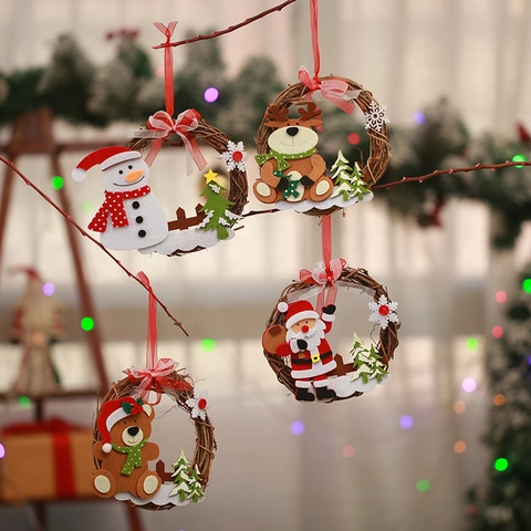 Christmas Wreath Hanging Ornament Santa Claus Snowman Reindeer Bear Rattan Ring For Home Holiday Party Decoration Gift