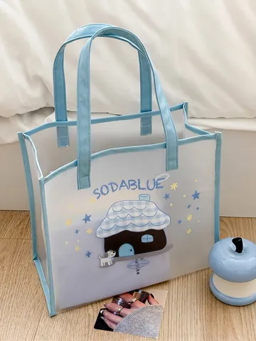 Frosted Halbtransparent PVC Tote Bag Cartoon Haus Und Hund Druck Große Kapazität Wasserdichte Strand Reise Handtasche