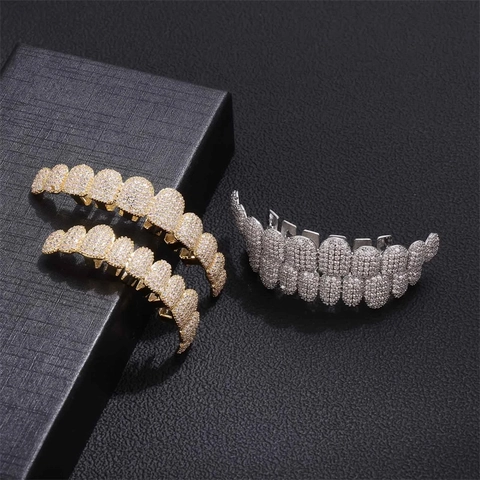 Hip Hop Grillz Teeth Mouth Jewelry Brass 14K Gold Plated Cubic Zirconia Iced Out Rapper Party Halloween Accessories