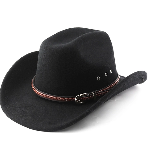 Western Cowboy Hat Wide Brim Felt Polyester Sun Protection Outdoor Travel Retro With Woven Leather Band For Men Women